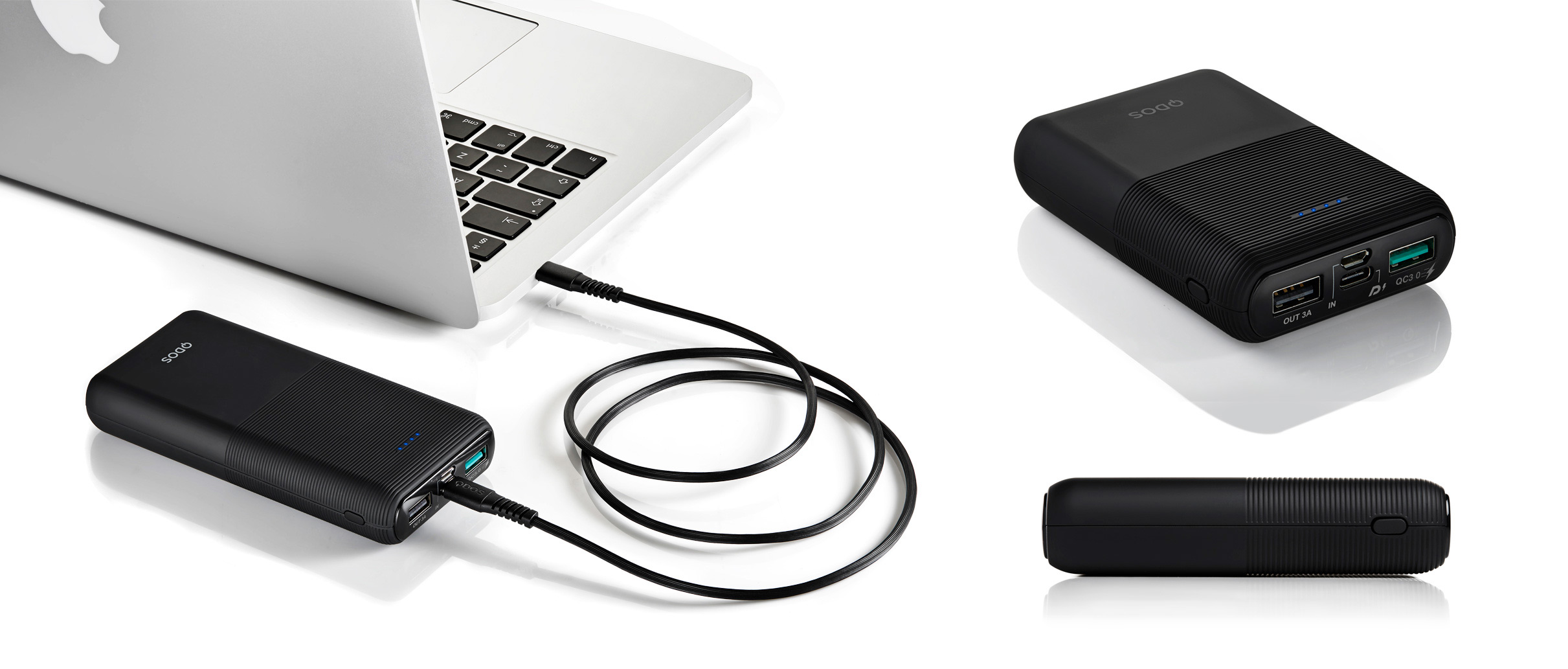 Studio photography - power bank charging MacBook pro computer on table